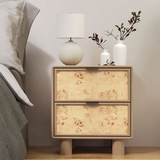 Japandi Boho Rustic Solid Light Mango Wood And Burl Wood 2 Drawer Bedside Cabinet Side Table