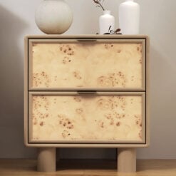 Japandi Boho Rustic Solid Light Mango Wood And Burl Wood 2 Drawer Bedside Cabinet Side Table