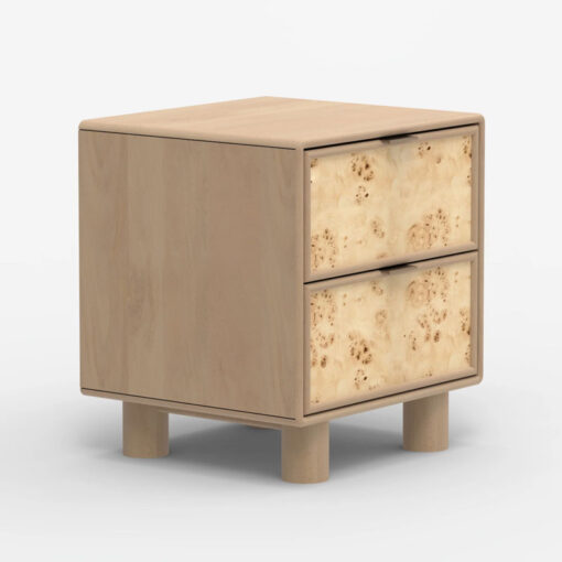 Japandi Boho Rustic Solid Light Mango Wood And Burl Wood 2 Drawer Bedside Cabinet Side Table