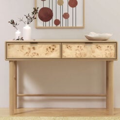 Japandi Boho Rustic Solid Light Mango Wood And Burl Wood 2 Drawer Console Table