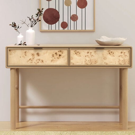 Japandi Boho Rustic Solid Light Mango Wood And Burl Wood 2 Drawer Console Table