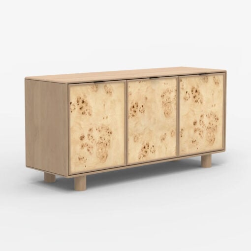 Japandi Boho Rustic Solid Light Mango Wood And Burl Wood 3 Door Sideboard 145cm