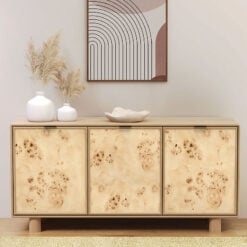 Japandi Boho Rustic Solid Light Mango Wood And Burl Wood 3 Door Sideboard 145cm