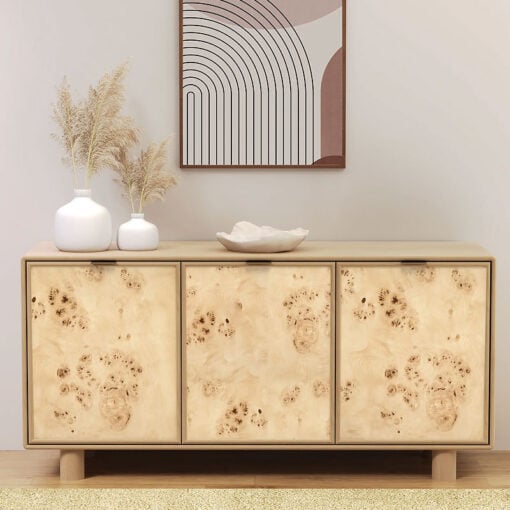 Japandi Boho Rustic Solid Light Mango Wood And Burl Wood 3 Door Sideboard 145cm