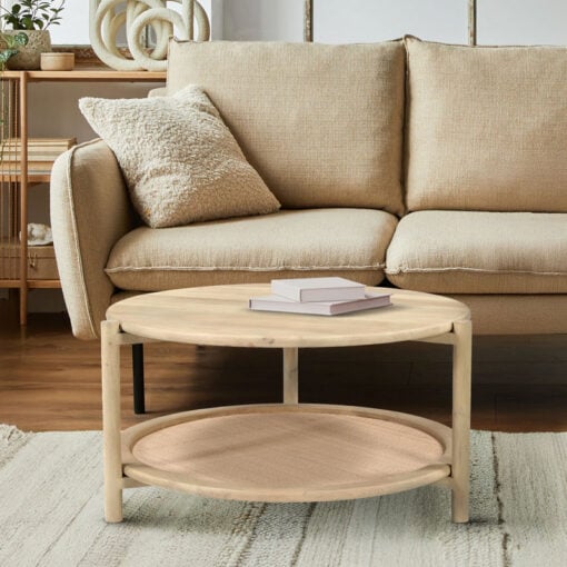 Japandi Boho Rustic Solid Light Mango Wood And Rattan Cane 2 Tier Round Coffee Table