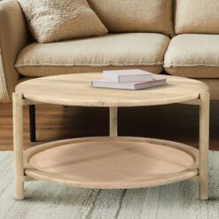 Japandi Boho Rustic Solid Light Mango Wood And Rattan Cane 2 Tier Round Coffee Table