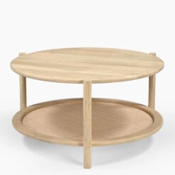 Japandi Boho Rustic Solid Light Mango Wood And Rattan Cane 2 Tier Round Coffee Table