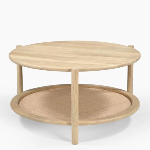 Japandi Boho Rustic Solid Light Mango Wood And Rattan Cane 2 Tier Round Coffee Table