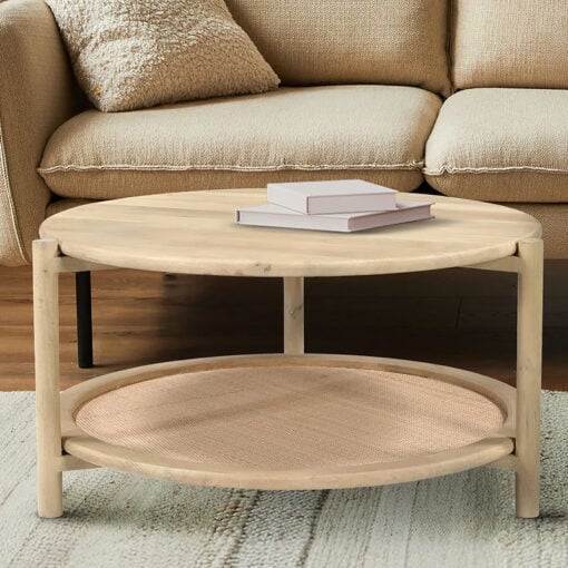 Japandi Boho Rustic Solid Light Mango Wood And Rattan Cane 2 Tier Round Coffee Table