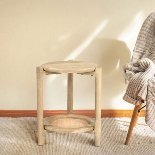 Japandi Boho Rustic Solid Light Mango Wood And Rattan Cane 2 Tier Side Table
