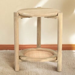 Japandi Boho Rustic Solid Light Mango Wood And Rattan Cane 2 Tier Side Table