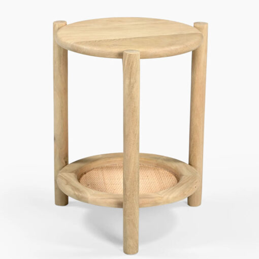 Japandi Boho Rustic Solid Light Mango Wood And Rattan Cane 2 Tier Side Table