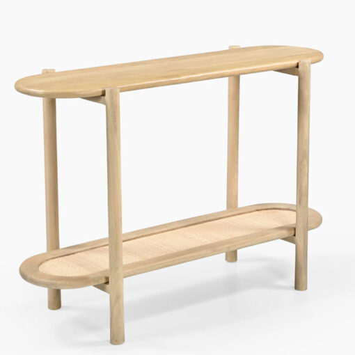 Japandi Boho Rustic Solid Light Mango Wood And Rattan Cane Slim 2 Tier Open Console Table