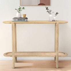 Japandi Boho Rustic Solid Light Mango Wood And Rattan Cane Slim 2 Tier Open Console Table