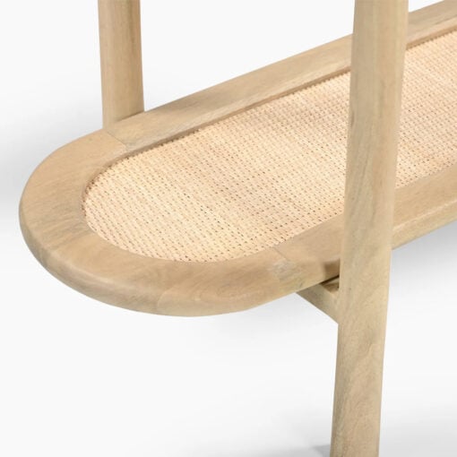 Japandi Boho Rustic Solid Light Mango Wood And Rattan Cane Slim 2 Tier Open Console Table