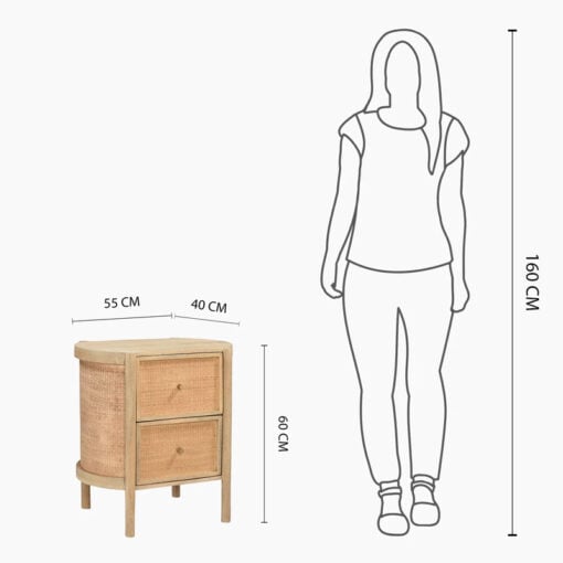 Japandi Boho Solid Light Mango Wood And Rattan Cane Round 2 Drawer Bedside Cabinet Side Table