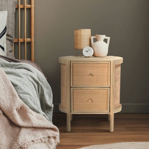 Japandi Boho Solid Light Mango Wood And Rattan Cane Round 2 Drawer Bedside Cabinet Side Table