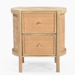 Japandi Boho Solid Light Mango Wood And Rattan Cane Round 2 Drawer Bedside Cabinet Side Table