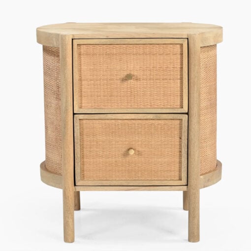 Japandi Boho Solid Light Mango Wood And Rattan Cane Round 2 Drawer Bedside Cabinet Side Table