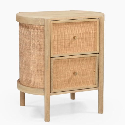 Japandi Boho Solid Light Mango Wood And Rattan Cane Round 2 Drawer Bedside Cabinet Side Table