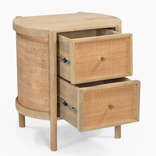 Japandi Boho Solid Light Mango Wood And Rattan Cane Round 2 Drawer Bedside Cabinet Side Table