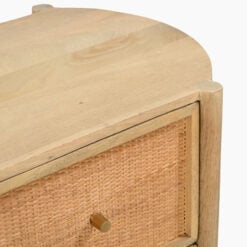 Japandi Boho Solid Light Mango Wood And Rattan Cane Round 2 Drawer Bedside Cabinet Side Table