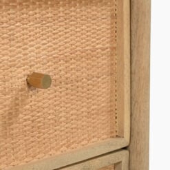 Japandi Boho Solid Light Mango Wood And Rattan Cane Round 2 Drawer Bedside Cabinet Side Table