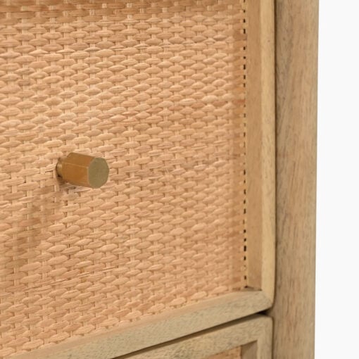 Japandi Boho Solid Light Mango Wood And Rattan Cane Round 2 Drawer Bedside Cabinet Side Table