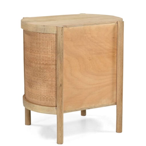 Japandi Boho Solid Light Mango Wood And Rattan Cane Round 2 Drawer Bedside Cabinet Side Table