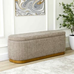 Large Taupe Linen And Natural Wood Hallway Bedroom Storage Bench Ottoman 122cm