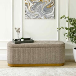 Large Taupe Linen And Natural Wood Hallway Bedroom Storage Bench Ottoman 122cm