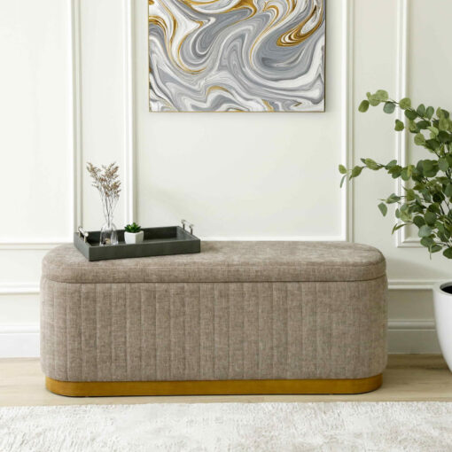 Large Taupe Linen And Natural Wood Hallway Bedroom Storage Bench Ottoman 122cm
