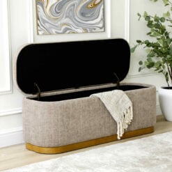 Large Taupe Linen And Natural Wood Hallway Bedroom Storage Bench Ottoman 122cm