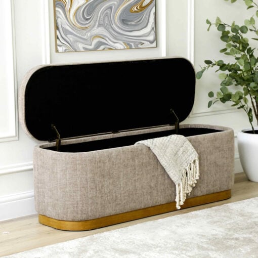 Large Taupe Linen And Natural Wood Hallway Bedroom Storage Bench Ottoman 122cm