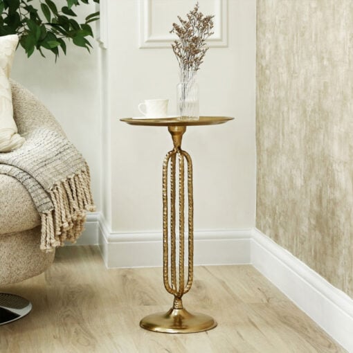 Open Frame Pedestal Antique Gold Textured Metal Side Table End Table