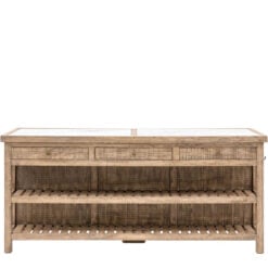 Rustic Country Farmhouse Solid Light Wood Large Kitchen Island With White Marble Top 214cm