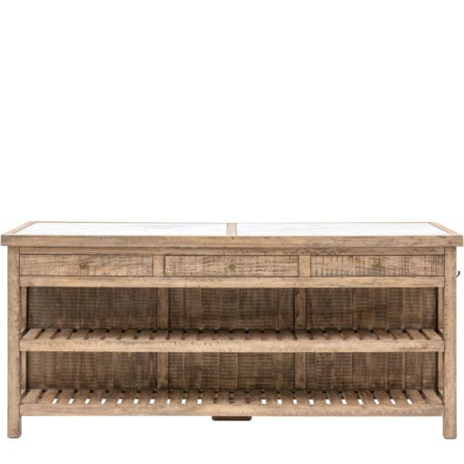 Rustic Country Farmhouse Solid Light Wood Large Kitchen Island With White Marble Top 214cm