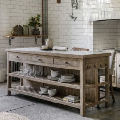 Rustic Country Farmhouse Solid Light Wood Large Kitchen Island With White Marble Top 214cm