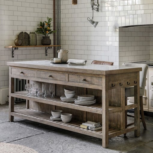 Rustic Country Farmhouse Solid Light Wood Large Kitchen Island With White Marble Top 214cm