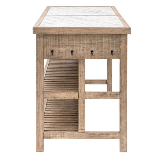 Rustic Country Farmhouse Solid Light Wood Large Kitchen Island With White Marble Top 214cm