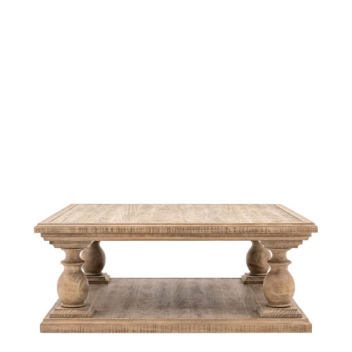 Rustic Country Farmhouse Solid Light Wood Pillar Square 2 Tier Coffee Table 100cm