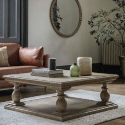 Rustic Country Farmhouse Solid Light Wood Pillar Square 2 Tier Coffee Table 100cm