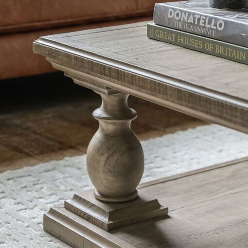 Rustic Country Farmhouse Solid Light Wood Pillar Square 2 Tier Coffee Table 100cm