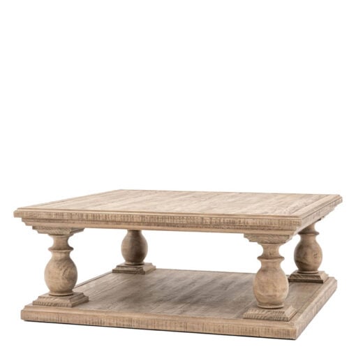 Rustic Country Farmhouse Solid Light Wood Pillar Square 2 Tier Coffee Table 100cm