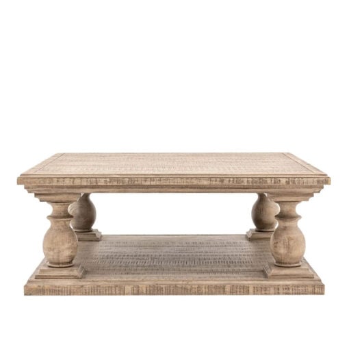Rustic Country Farmhouse Solid Light Wood Pillar Square 2 Tier Coffee Table 100cm