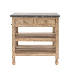 Rustic Country Farmhouse Solid Light Wood Small Kitchen Island With Black Marble Top 90cm