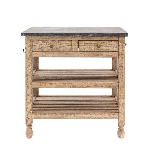 Rustic Country Farmhouse Solid Light Wood Small Kitchen Island With Black Marble Top 90cm