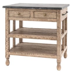 Rustic Country Farmhouse Solid Light Wood Small Kitchen Island With Black Marble Top 90cm