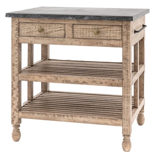 Rustic Country Farmhouse Solid Light Wood Small Kitchen Island With Black Marble Top 90cm