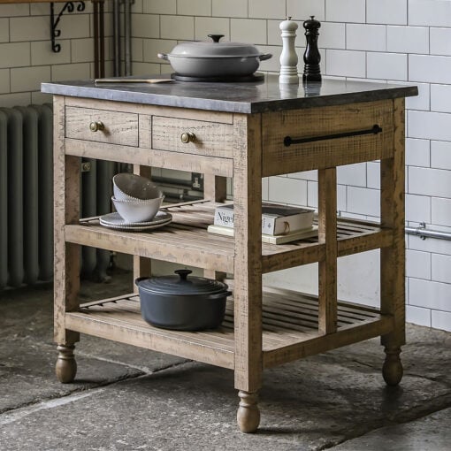 Rustic Country Farmhouse Solid Light Wood Small Kitchen Island With Black Marble Top 90cm